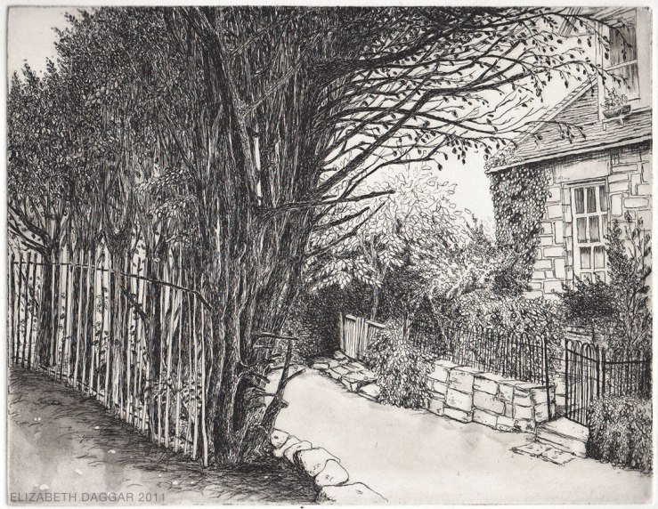 Scene of a country lane done with etching technique